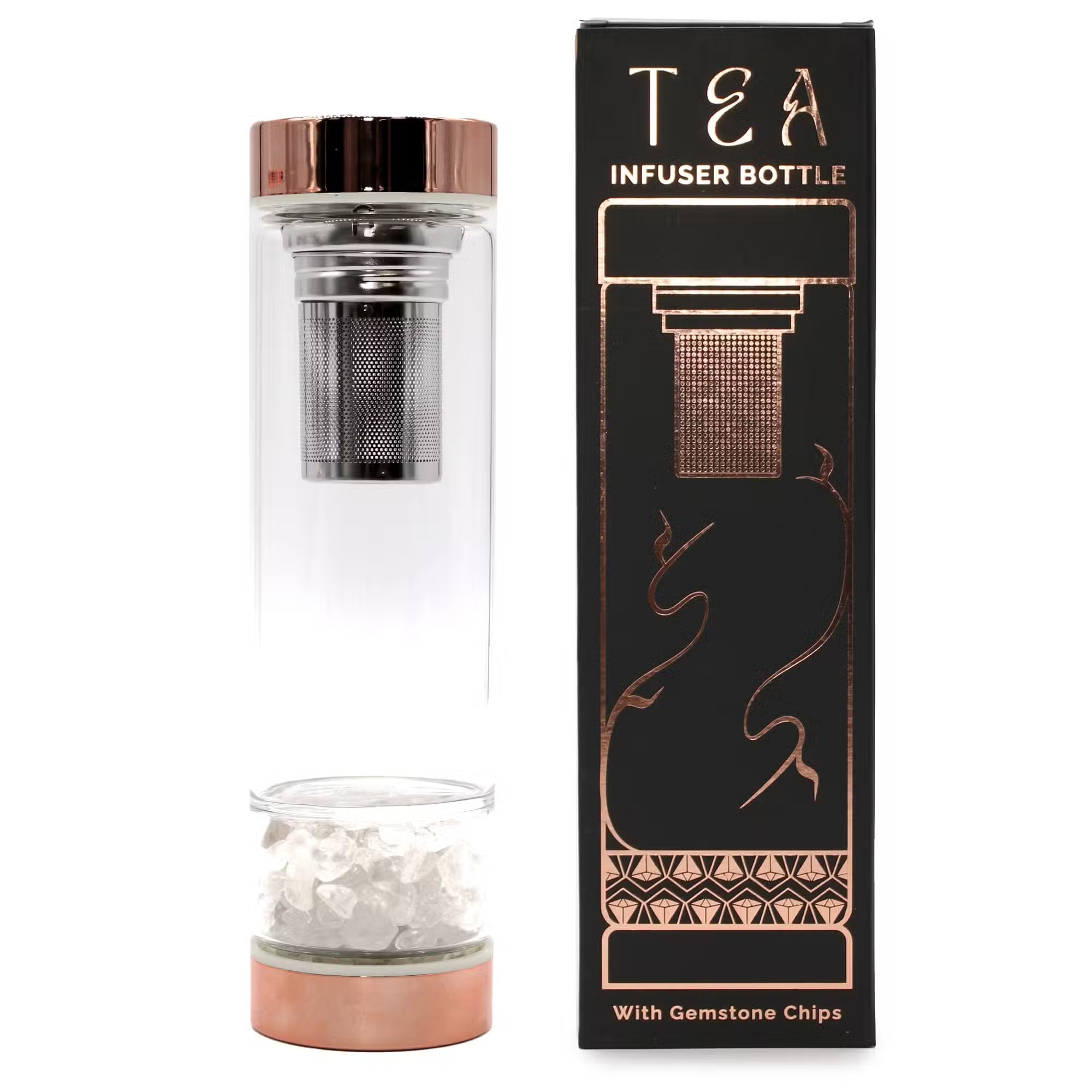 Crystal Glass Tea Infuser Bottle - Rose Gold - various Rock Quartz Infuser bottle