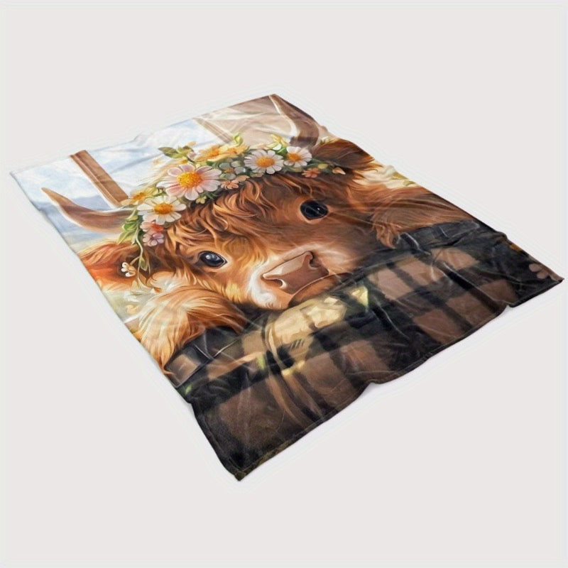 Floral Highland Cow Plush Throw Blanket – Adorable Scottish Coo with Daisy Crown Blanket
