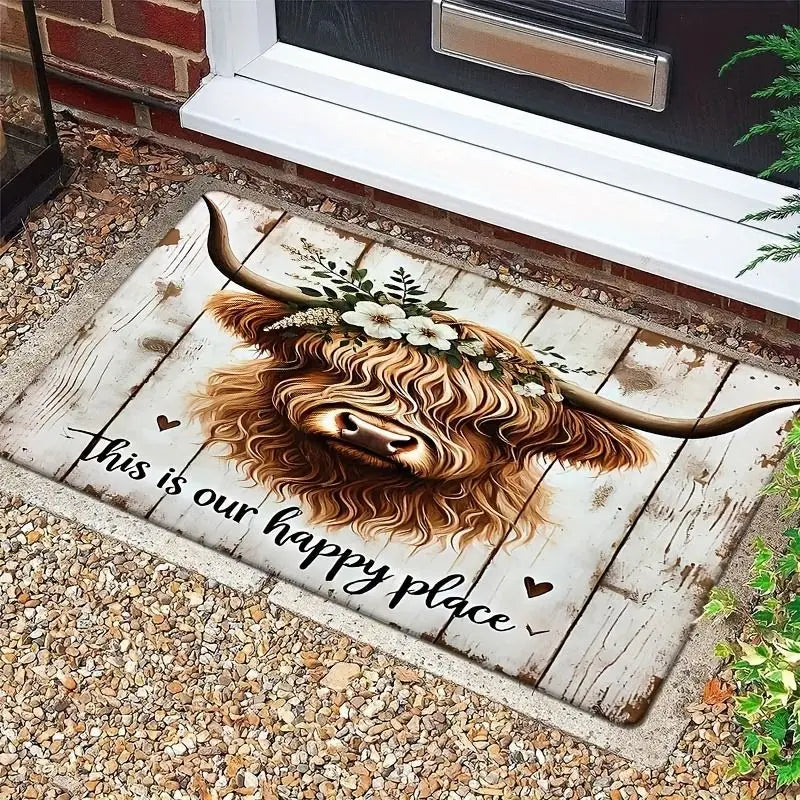 Highland Cow Floral "Happy Place" Welcome Mat