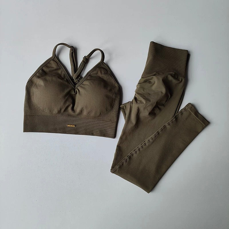 Women’s 2-Piece Yoga Set: High-Waisted Hip-Lifting Leggings & Shockproof Sports Bra Exercise Suit Khaki Brown Yoga