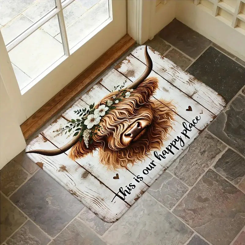 Highland Cow Floral "Happy Place" Welcome Mat