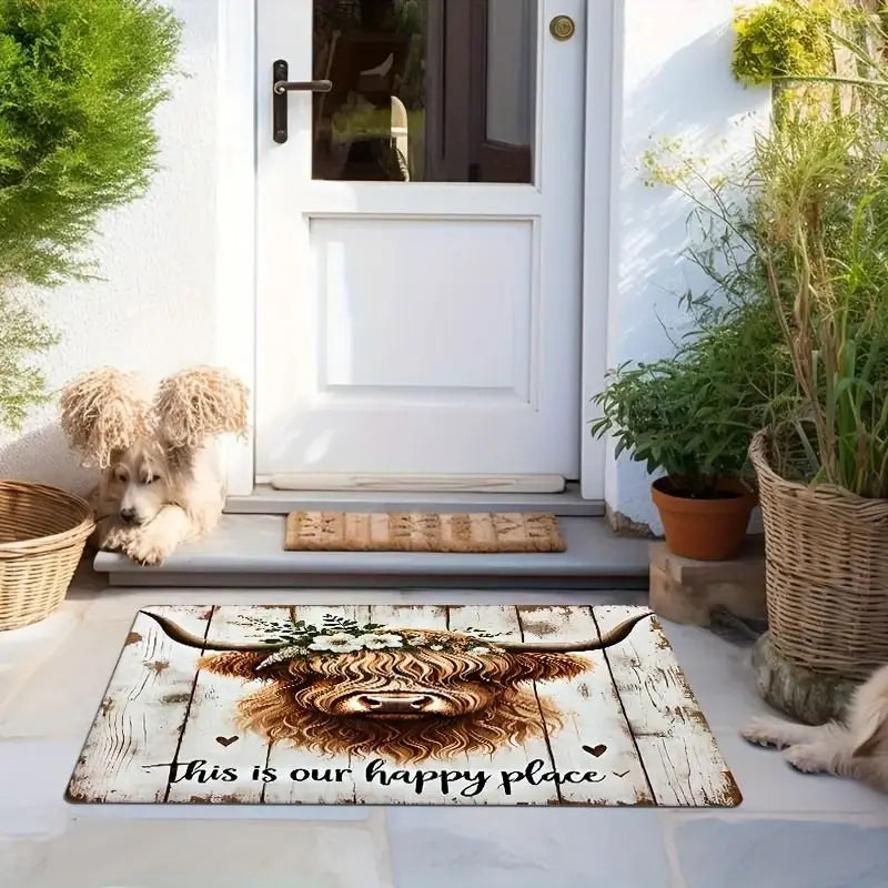 Highland Cow Floral "Happy Place" Welcome Mat