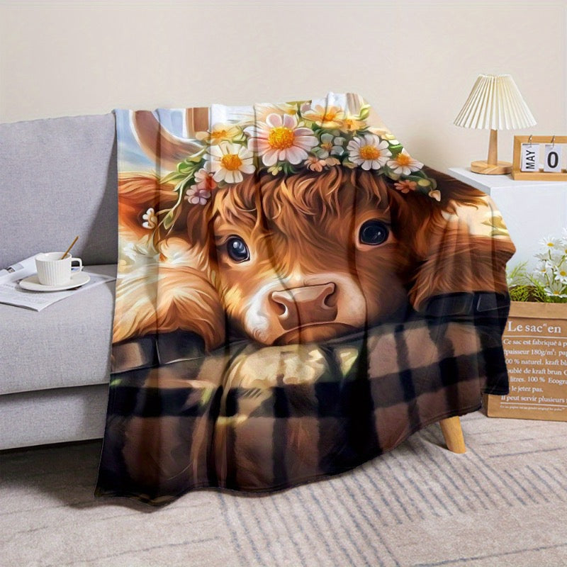 Floral Highland Cow Plush Throw Blanket – Adorable Scottish Coo with Daisy Crown Blanket