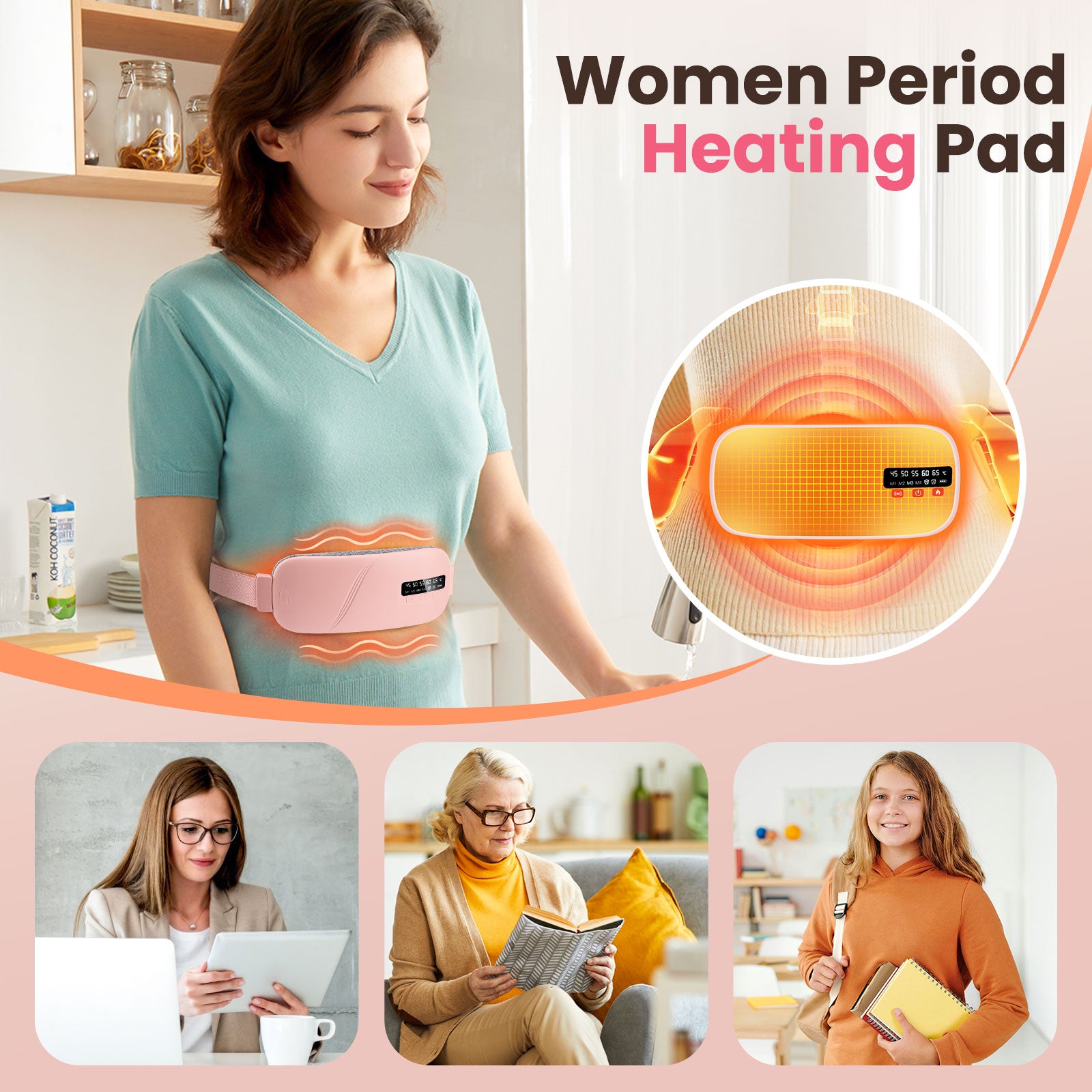 Menstrual Heating Pad with 4 Vibration Massage Modes - 5 Temperature Levels Electric Waist Belt for Period Cramp & Back Pain Relief Massager