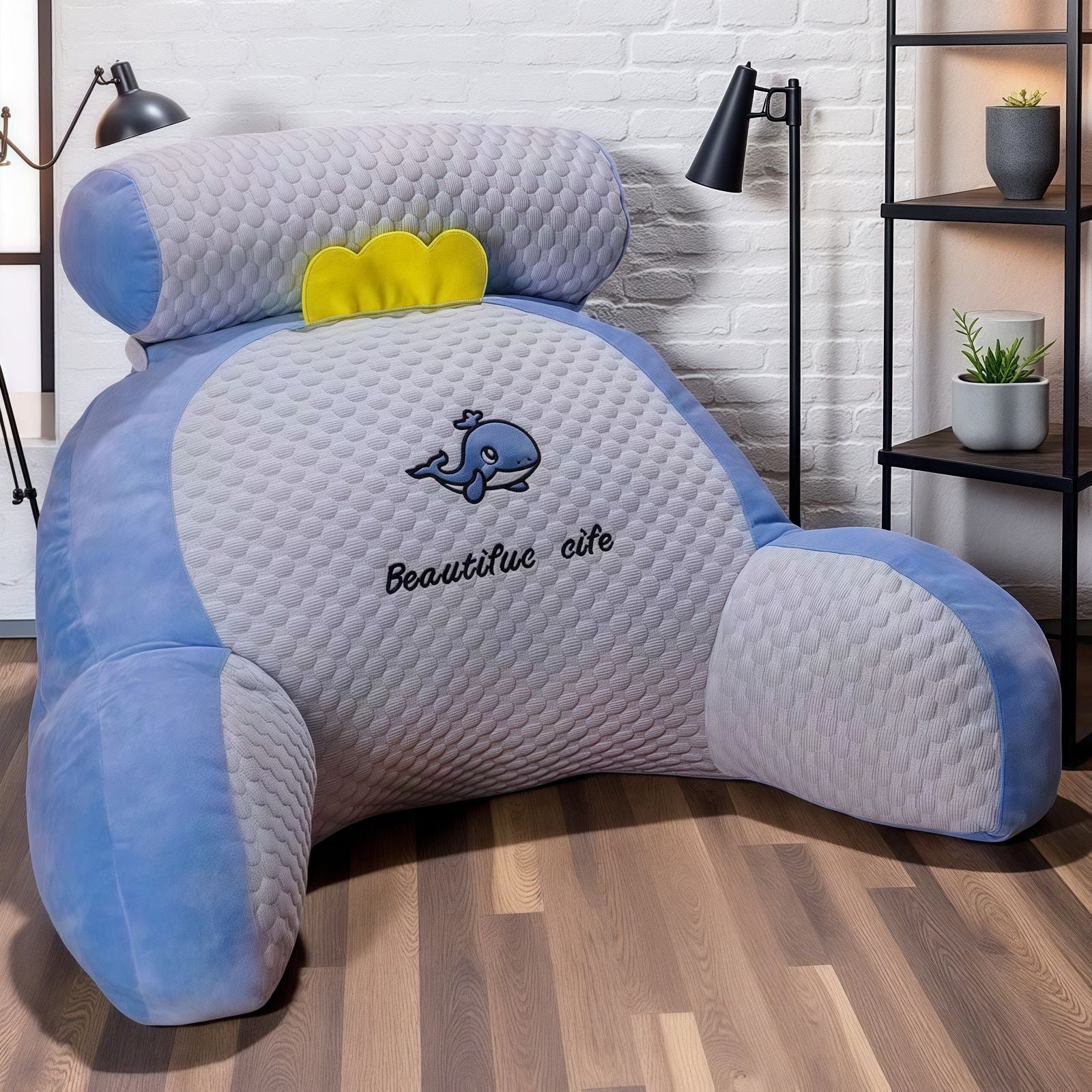 Cute Cartoon Character Reading Pillow - Soft Quilted Back Support Rest with Adjustable Neck Bolster for Kids and Adults Blue Cushion