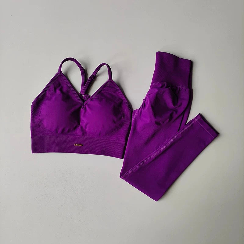 Women’s 2-Piece Yoga Set: High-Waisted Hip-Lifting Leggings & Shockproof Sports Bra Exercise Suit Purple Yoga