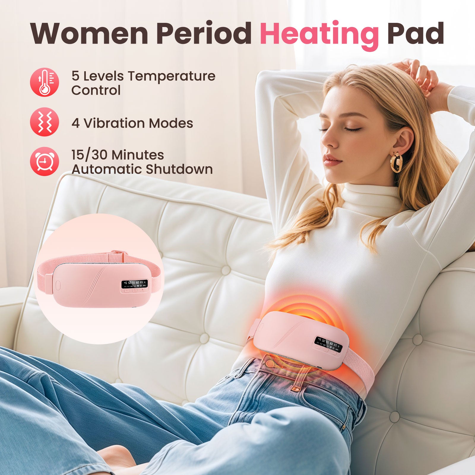 Menstrual Heating Pad with 4 Vibration Massage Modes - 5 Temperature Levels Electric Waist Belt for Period Cramp & Back Pain Relief Massager