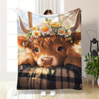 Floral Highland Cow Plush Throw Blanket – Adorable Scottish Coo with Daisy Crown 70x100cm, Blanket