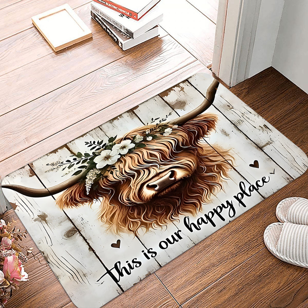 Highland Cow Floral "Happy Place" Welcome Mat