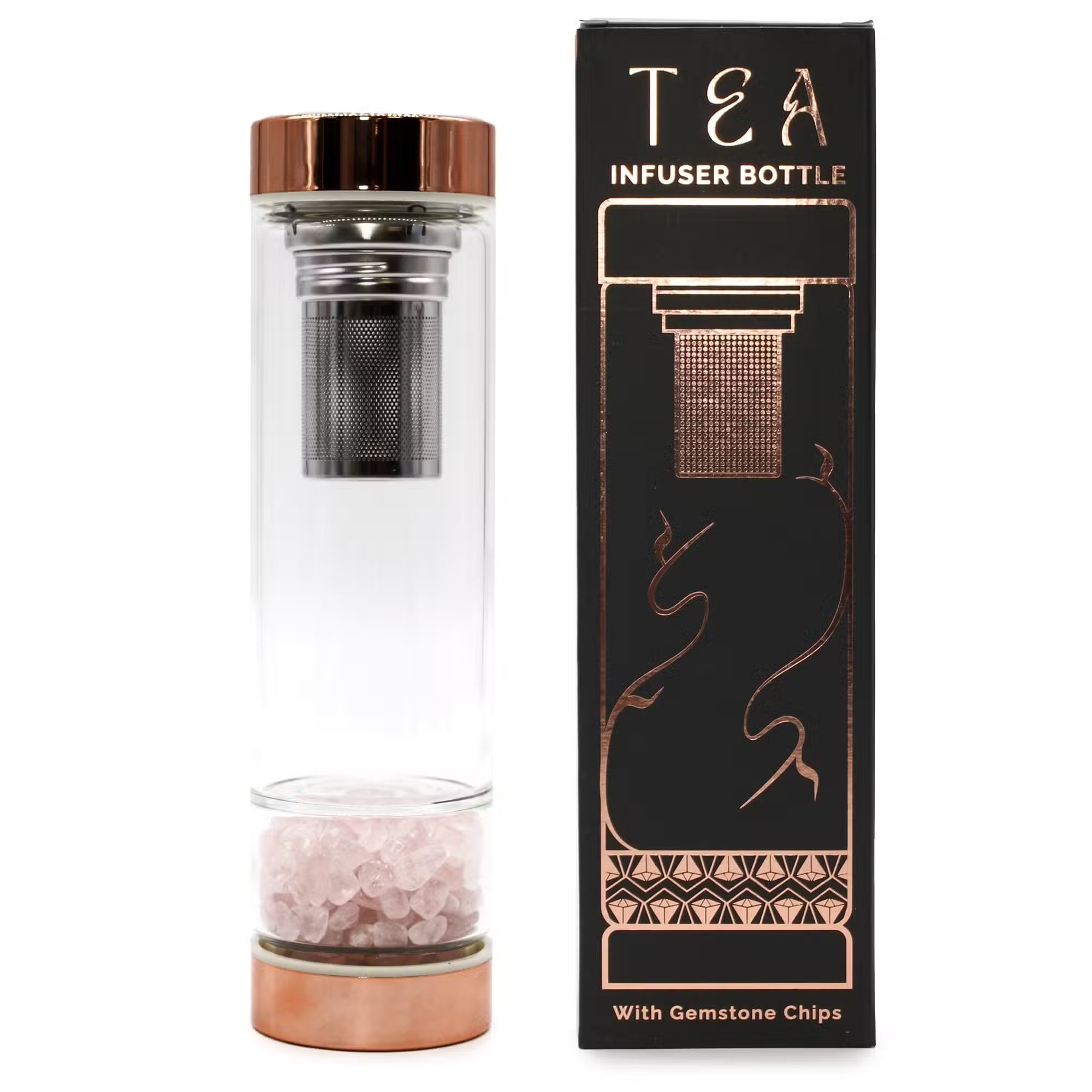 Crystal Glass Tea Infuser Bottle - Rose Gold - various Rose Quartz Infuser bottle