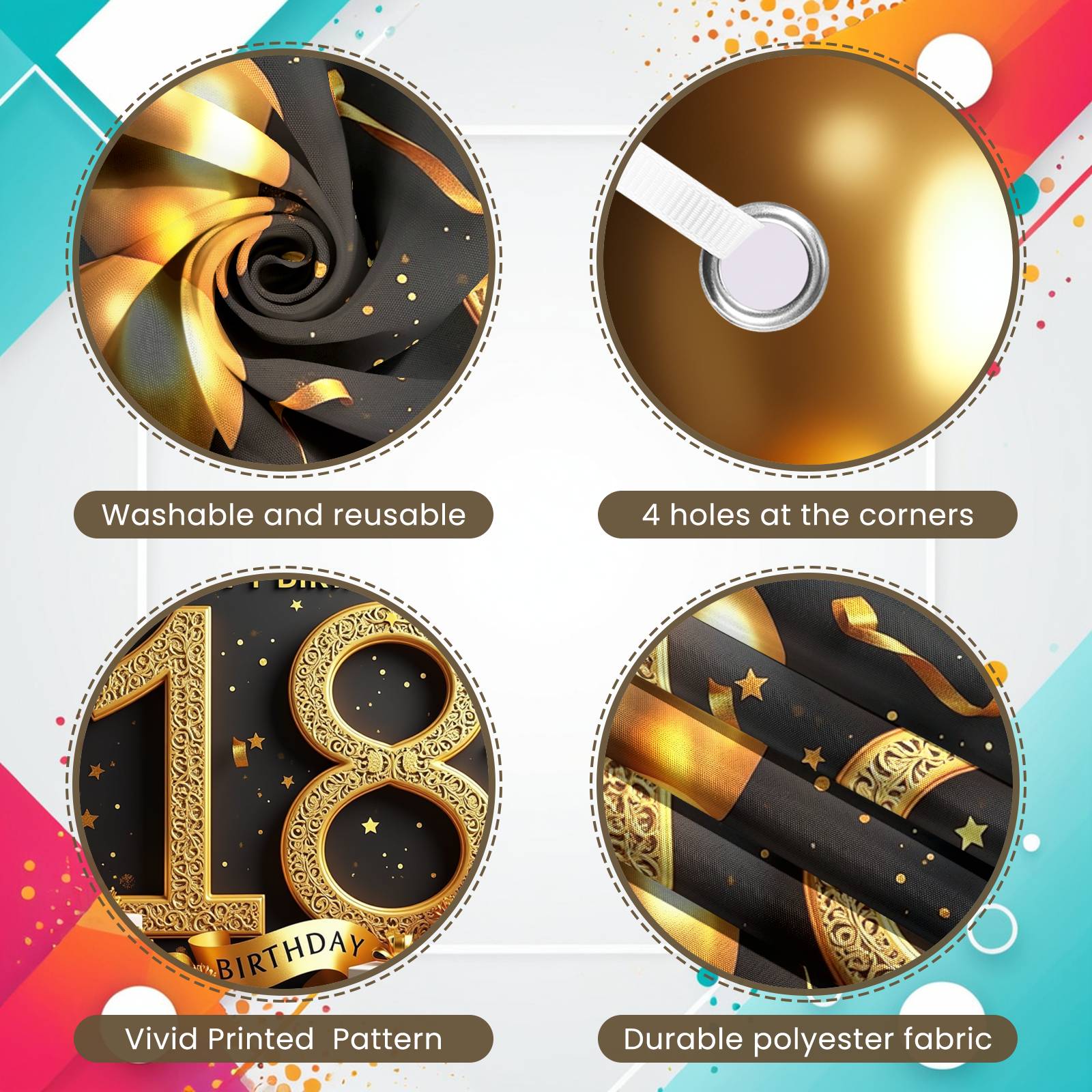 18th Happy Birthday Backdrop Banner – Large Gold & Black Party Photography Background (180 x 110 cm)