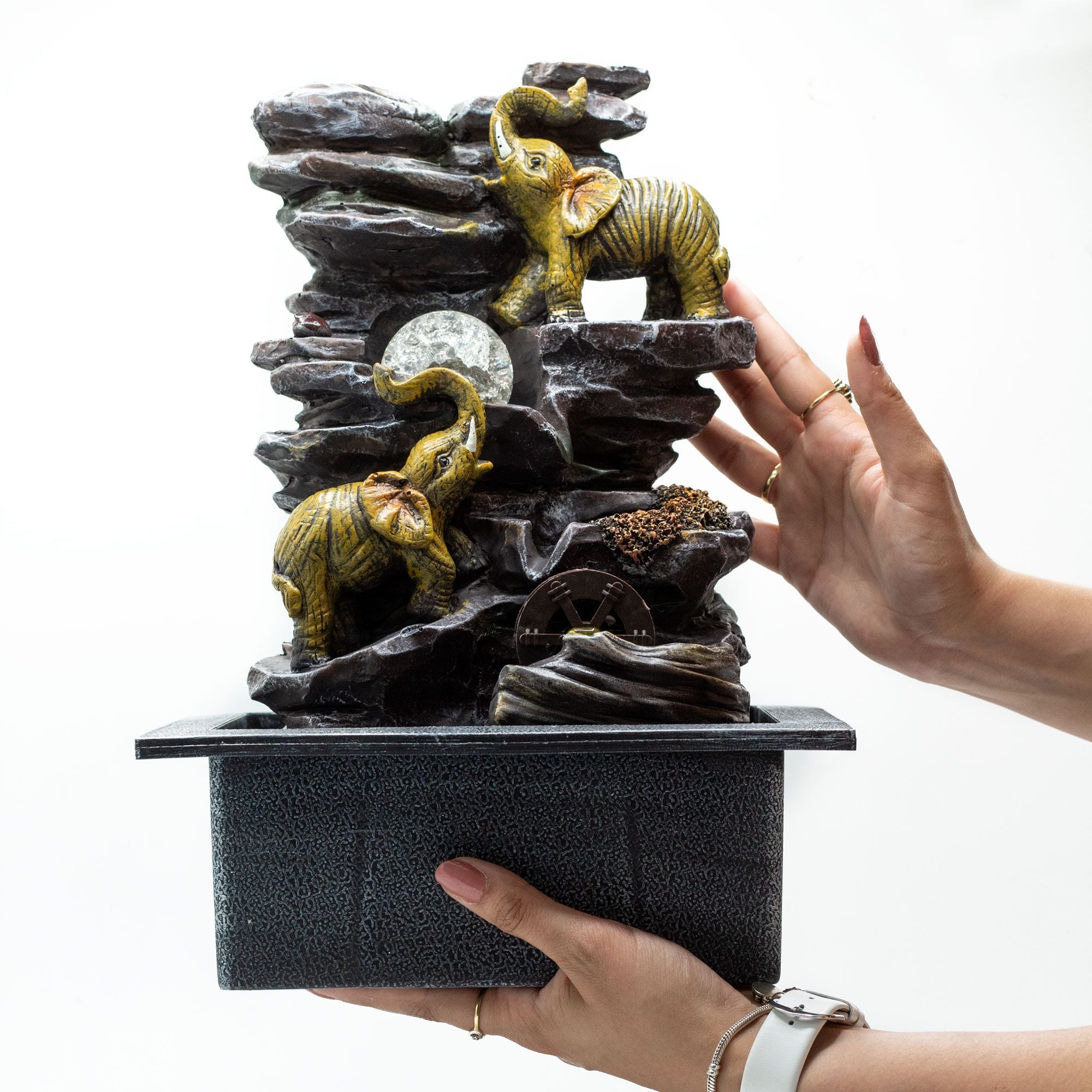Tabletop Water Feature - 35cm - Elephants, Crystal Ball & Water Wheel Tabletop Water Features