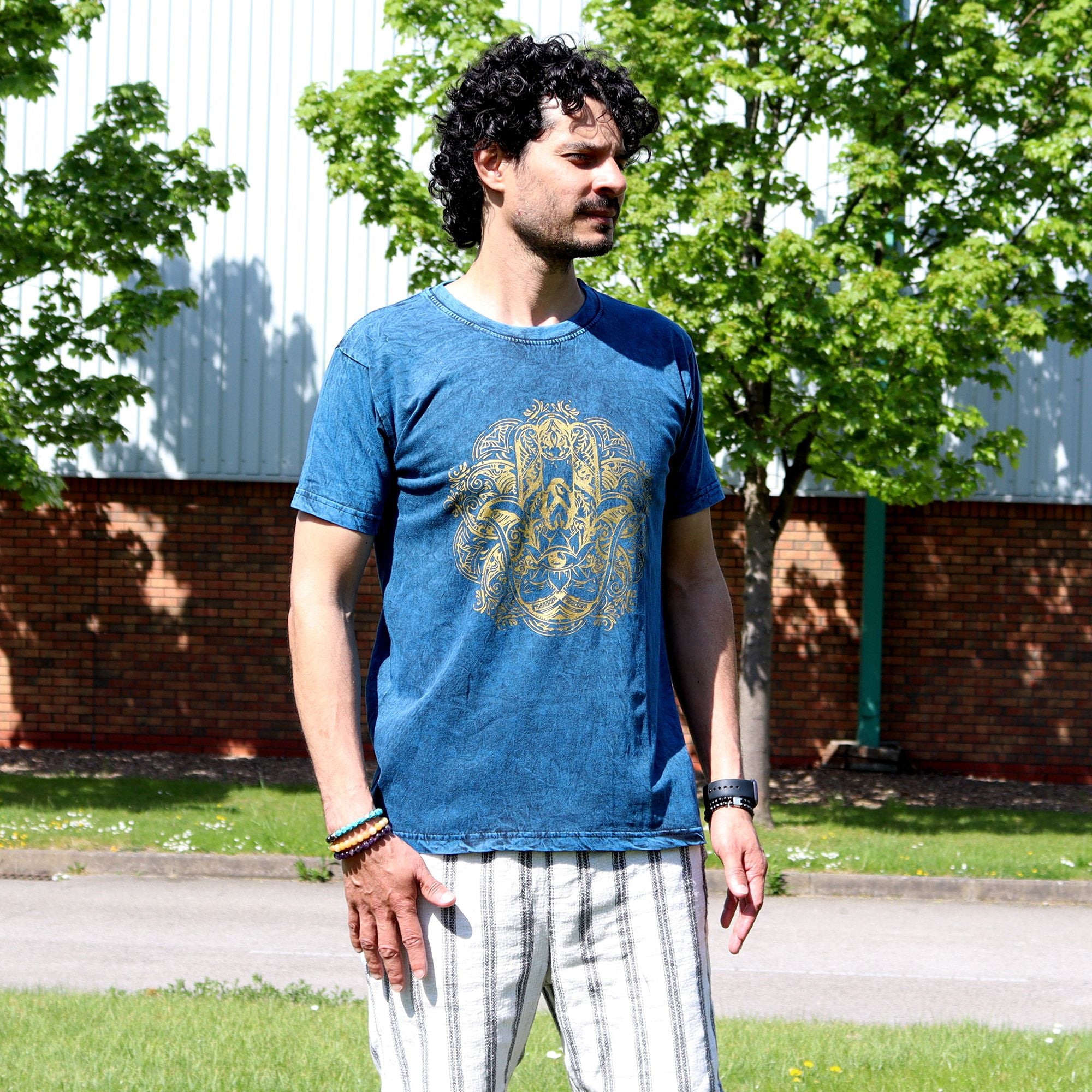 Medium Stone Washed T-Shirt - Hamsa - Blue Stonewashed Nomad Sari T-Shirts