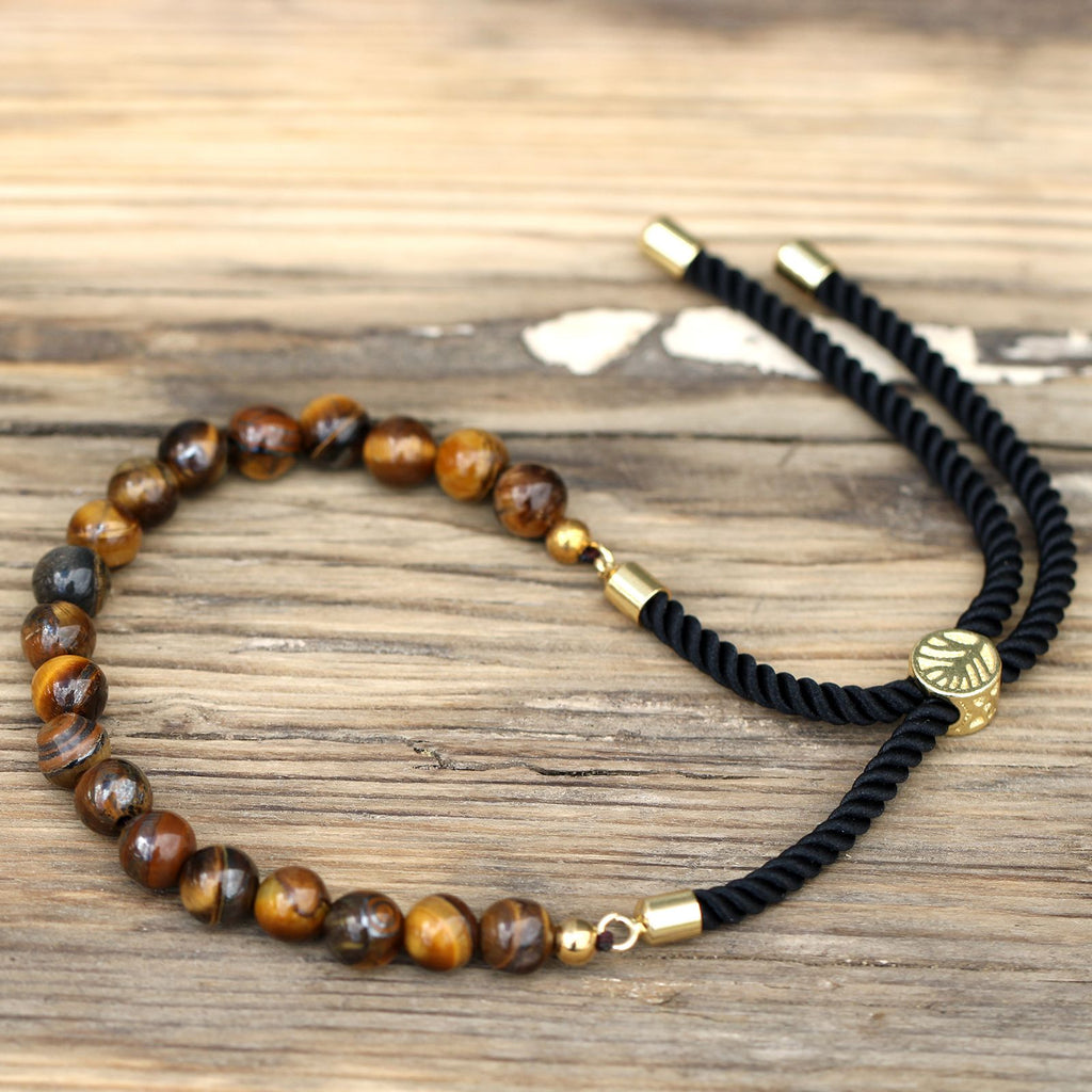 18K Gold Plated Gemstone Black String Bracelet - Tiger Eye Gemstones String Bracelets