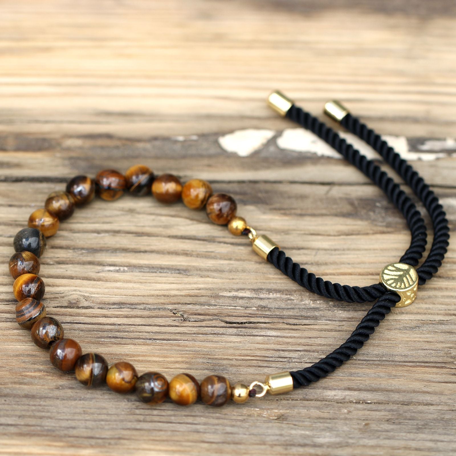 18K Gold Plated Gemstone Black String Bracelet - Tiger Eye Gemstones String Bracelets