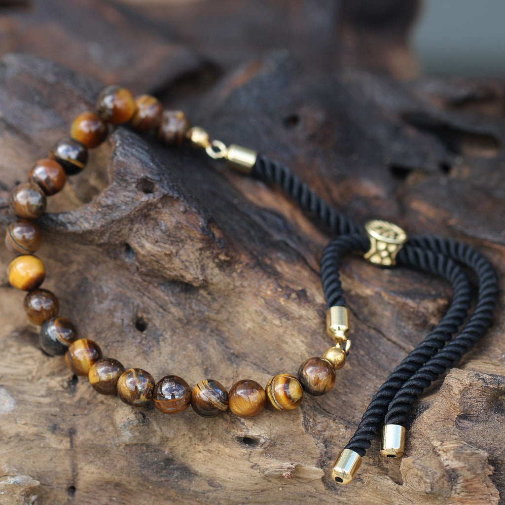 18K Gold Plated Gemstone Black String Bracelet - Tiger Eye Gemstones String Bracelets