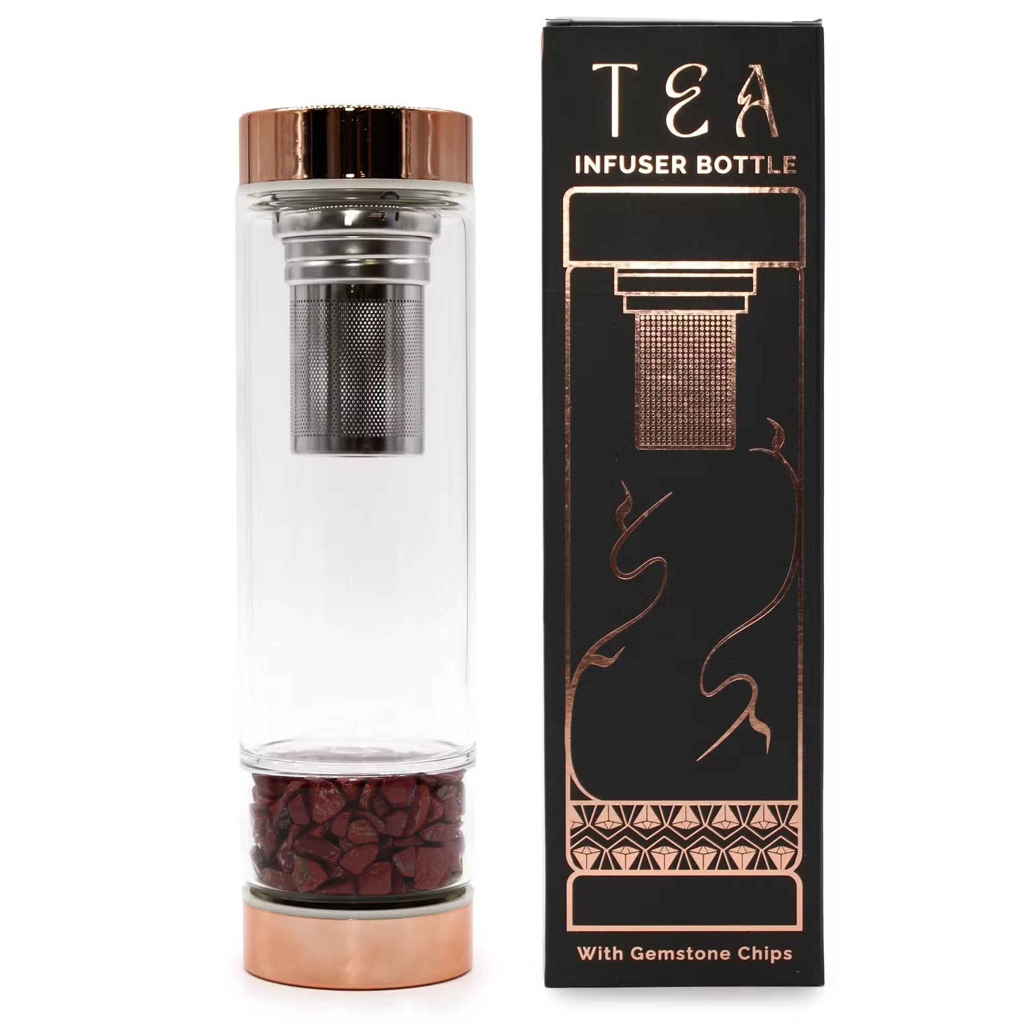 Crystal Glass Tea Infuser Bottle - Rose Gold - various Red Jasper Infuser bottle
