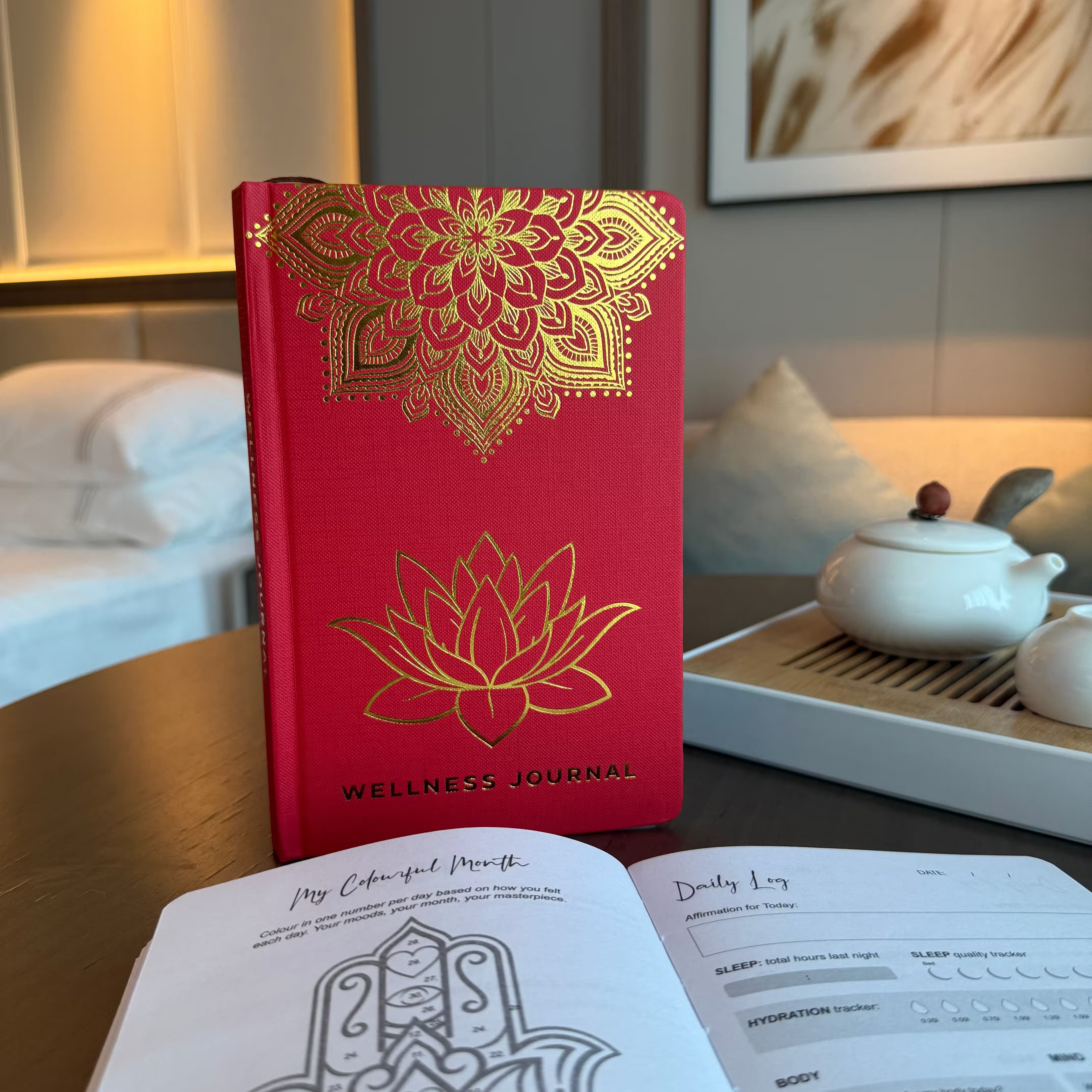 Red Wellness Journal - 120 pages - Golden Mandala and Lotus Notebook