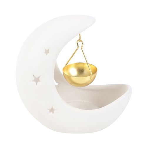 White Crescent Moon Oil Burner with Gold Dish Oil burner