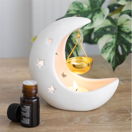 White Crescent Moon Oil Burner with Gold Dish Oil burner